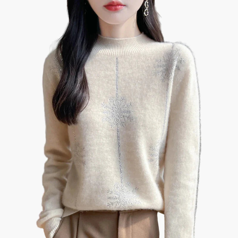 Damen Pullover mit Stehkragen und Strass-Verzierung – Eleganter Winterpullover für Alltag und Büro
