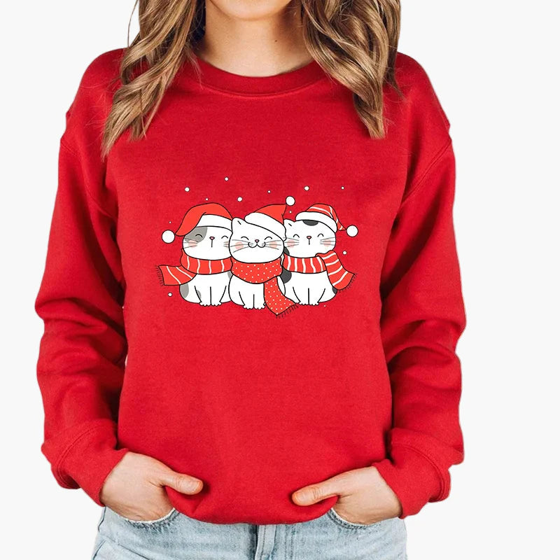 Damen Weihnachts-Sweatshirt mit Katze und Lichterkette – Lustiger Winter Pullover für Alltag & Feiertage