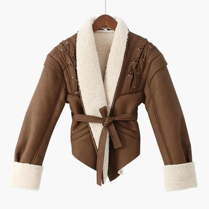 Damen Eleganter Kurzjacke mit Gürtel und Teddykragen für Herbst und Winter