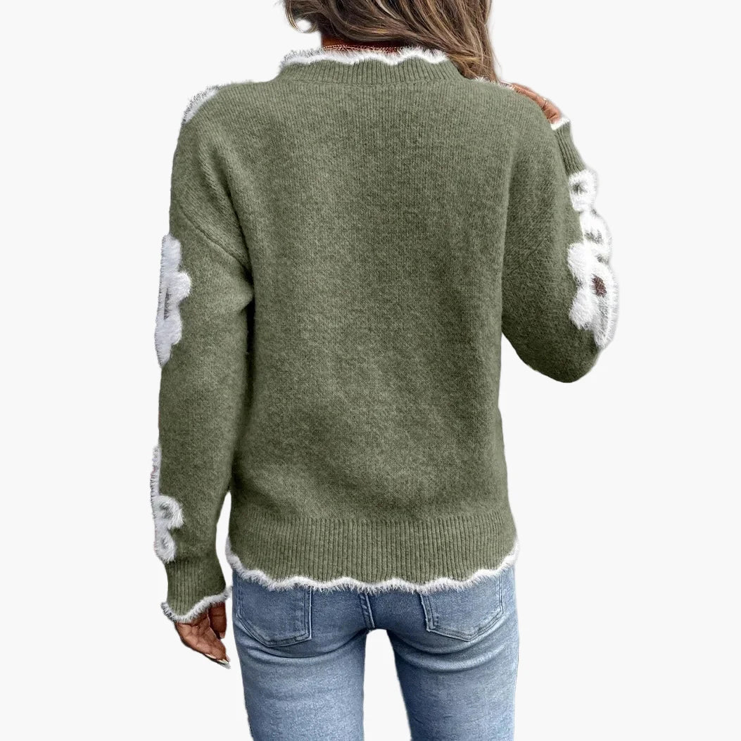 Damen Pullover mit Blumenmuster, modischer Strickpullover im lässigen Stil – ideal für Alltag und Freizeit