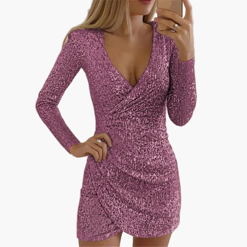 Damen Partykleid mit Pailletten und Wickeloptik – Elegantes Langarm Minikleid für festliche Anlässe