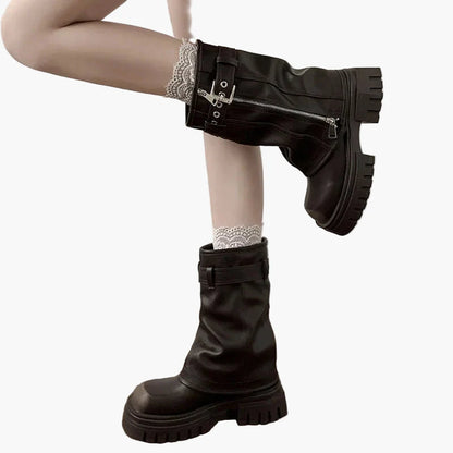 Damen Plateau Stiefel mit Reißverschluss und Schnalle – Trendige Mid-Calf Boots für Herbst & Winter