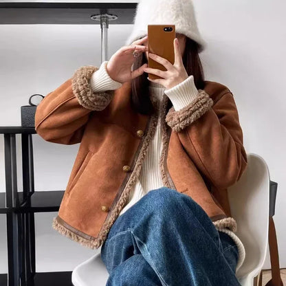 Damen Vintage Freizeit Winterjacke mit Teddyfutter – Lässiger Stil für Alltag und Outdoor