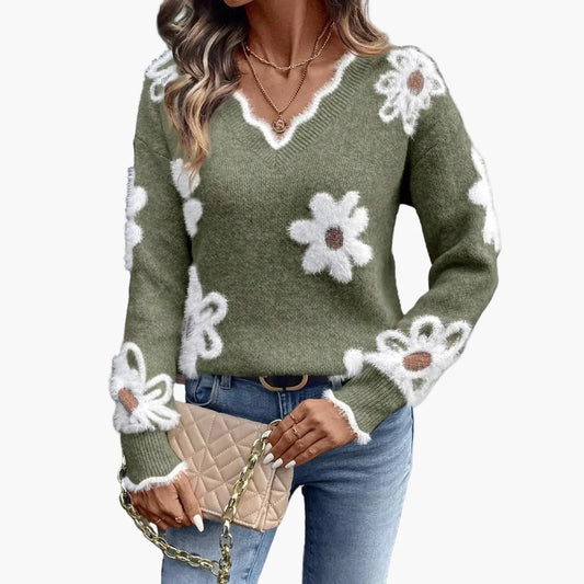 Damen Pullover mit Blumenmuster, modischer Strickpullover im lässigen Stil – ideal für Alltag und Freizeit
