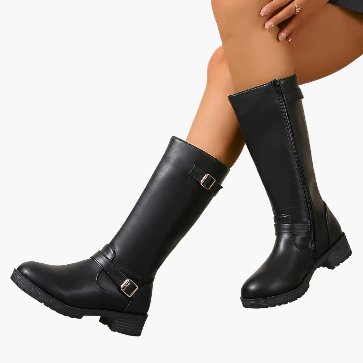 Damen Kniehohe Stiefel mit Schnalle und Reißverschluss – Elegante Alltags- & Freizeit-Boots