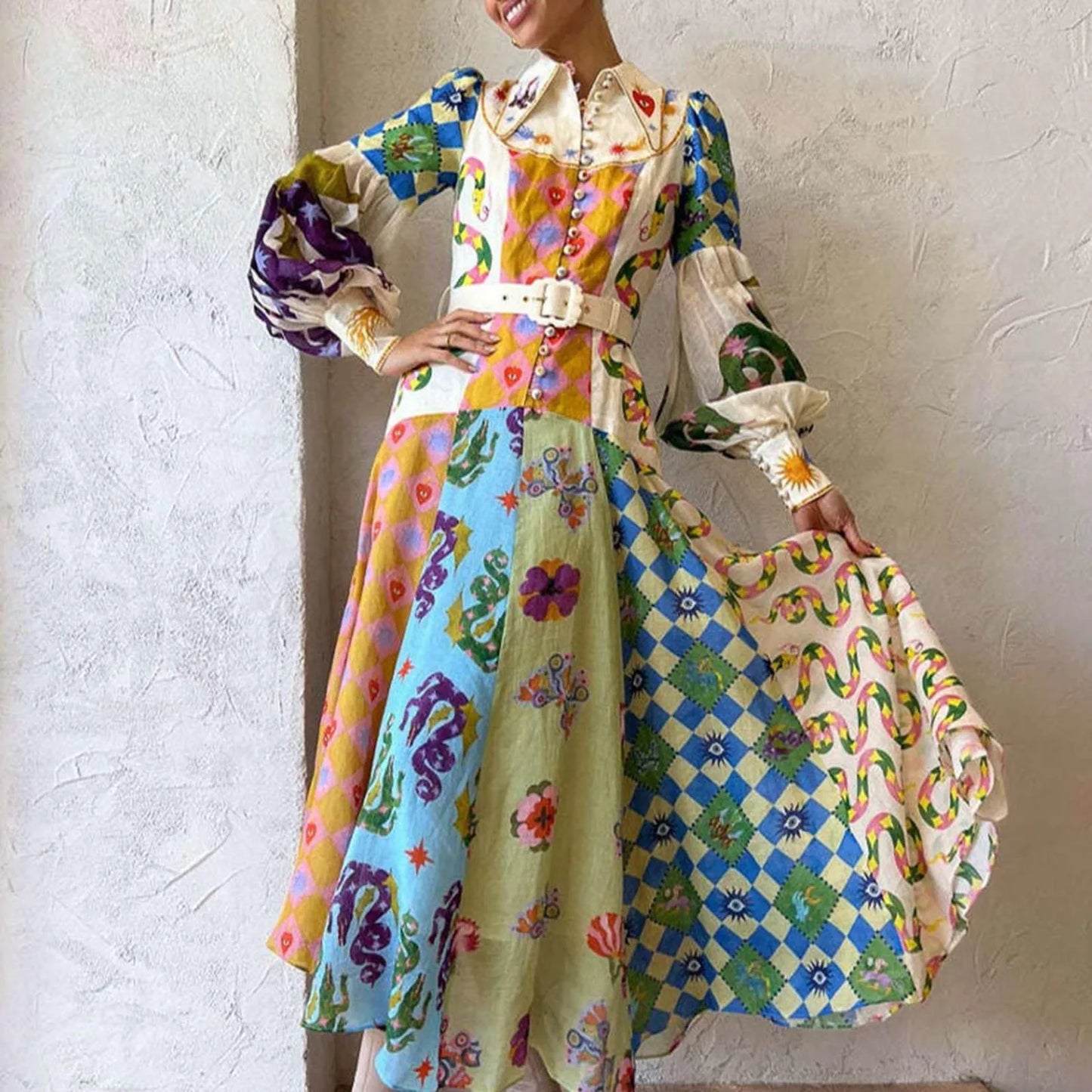 Abigail – Bohemian Damen A-Linien-Kleid mit Knopfleiste