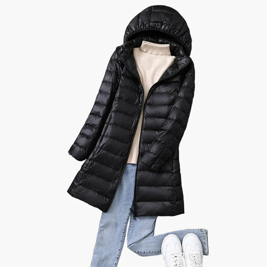 Damen Winter Steppmantel mit Kapuze – Stilvoller langer Outdoor-Puffer für Alltag und Freizeit