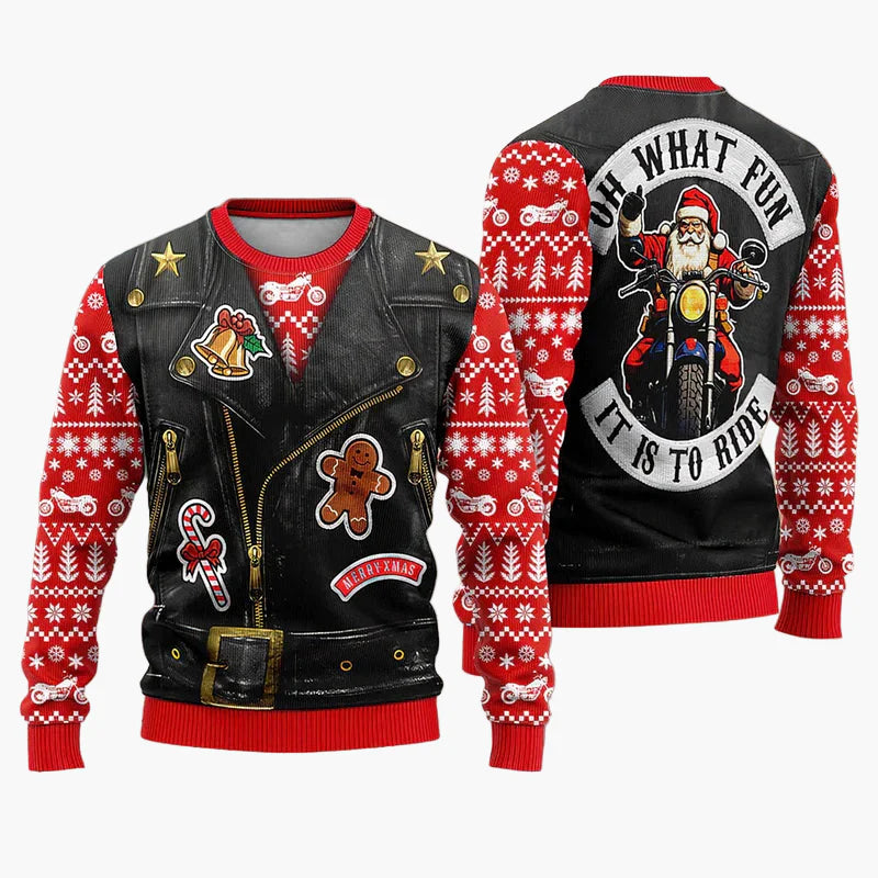 Herren Ugly Christmas Sweater Biker Santa – Lustiger Weihnachts-Pullover im Motorrad-Design