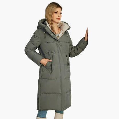 Damen Winter Steppmantel mit Kapuze – Langer, modischer Outdoor-Mantel für kalte Tage