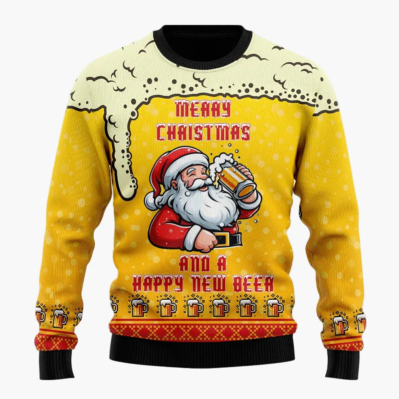 Herren Weihnachtspullover Lustig – Santa mit Bier, Ugly Christmas Sweater für Männer, Party & Festtage