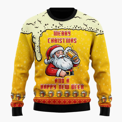 Herren Weihnachtspullover Lustig – Santa mit Bier, Ugly Christmas Sweater für Männer, Party & Festtage