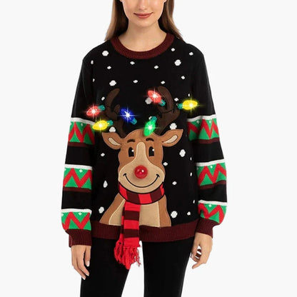 Damen Weihnachts-Pullover mit Rentier und LED-Lichtern – Lustiger Ugly Christmas Sweater für Festtage und Partys