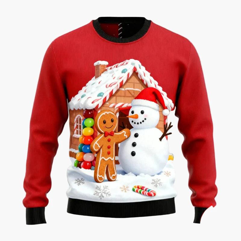 Herren Weihnachtspullover mit Lebkuchenmann, Lebkuchenhaus und Weihnachtsbaum – Lustiger Festlicher Ugly Christmas Sweater