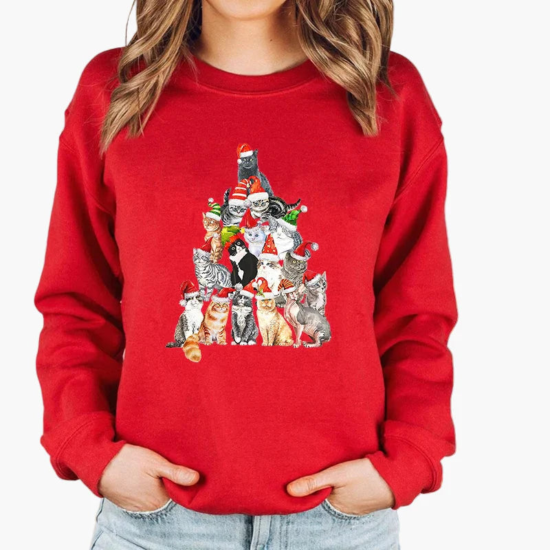 Damen Weihnachts-Sweatshirt mit Katze und Lichterkette – Lustiger Winter Pullover für Alltag & Feiertage