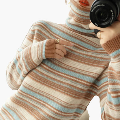 Damen Rollkragenpullover mit Retro-Streifenmuster – Bequemer Strickpullover für Alltag und Freizeit