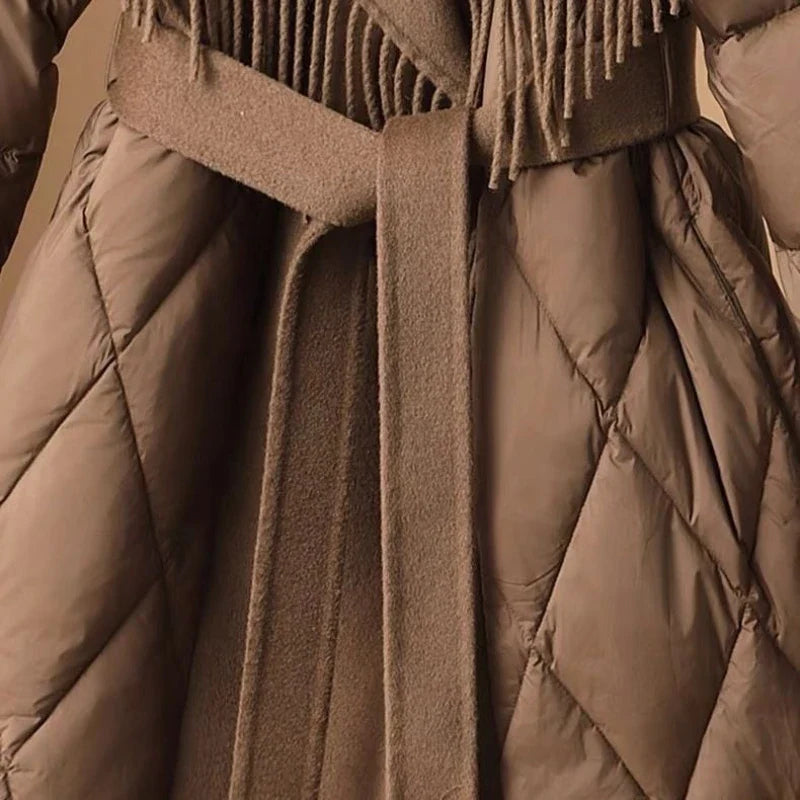 Damen Winter Steppmantel mit Fransen und Gürtel – Modischer Koreanischer Stil, Bequemer Übergangsmantel