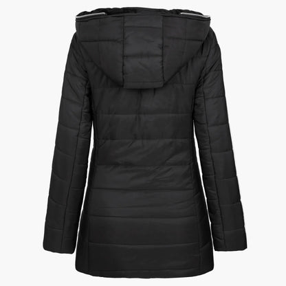 Damen Winter Steppjacke mit großer Kapuze und asymmetrischem Reißverschluss – Modischer Outdoor Mantel