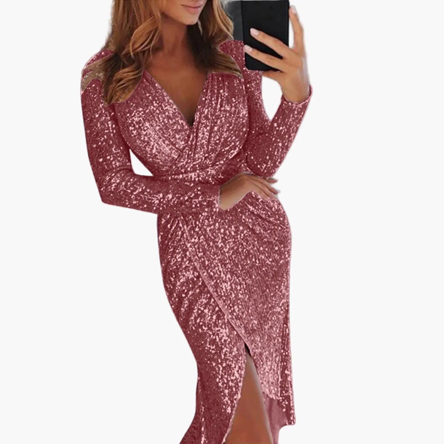 Damen Elegantes Tiefes V-Ausschnitt Paillettenkleid mit Wickeloptik und Raffung – Langarm Abend- & Partykleid für besondere Anlässe
