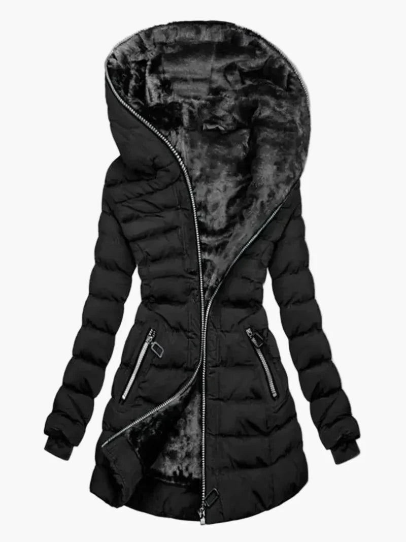 Damen Winter Steppjacke mit großer Kapuze und asymmetrischem Reißverschluss – Modischer Outdoor Mantel