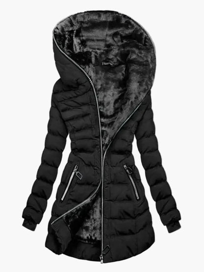 Damen Winter Steppjacke mit großer Kapuze und asymmetrischem Reißverschluss – Modischer Outdoor Mantel