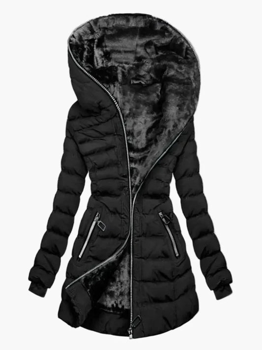 Damen Winter Steppjacke mit großer Kapuze und asymmetrischem Reißverschluss – Modischer Outdoor Mantel