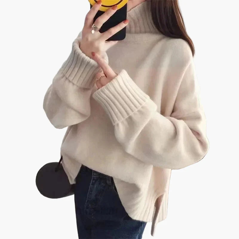 Damen Pullover im koreanischen Stil mit hohem Kragen – Bequemer, locker geschnittener Strickpullover für Herbst und Winter