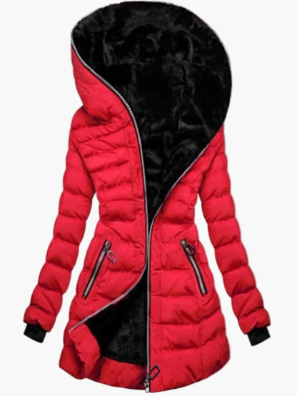 Damen Winter Steppjacke mit großer Kapuze und asymmetrischem Reißverschluss – Modischer Outdoor Mantel