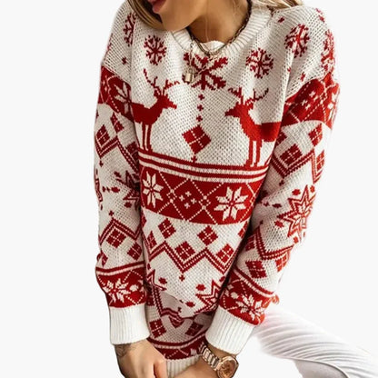 Damen Weihnachtspullover mit Rentier- und Schneeflocken-Muster - Modischer Freizeit-Strickpullover für die festliche Saison