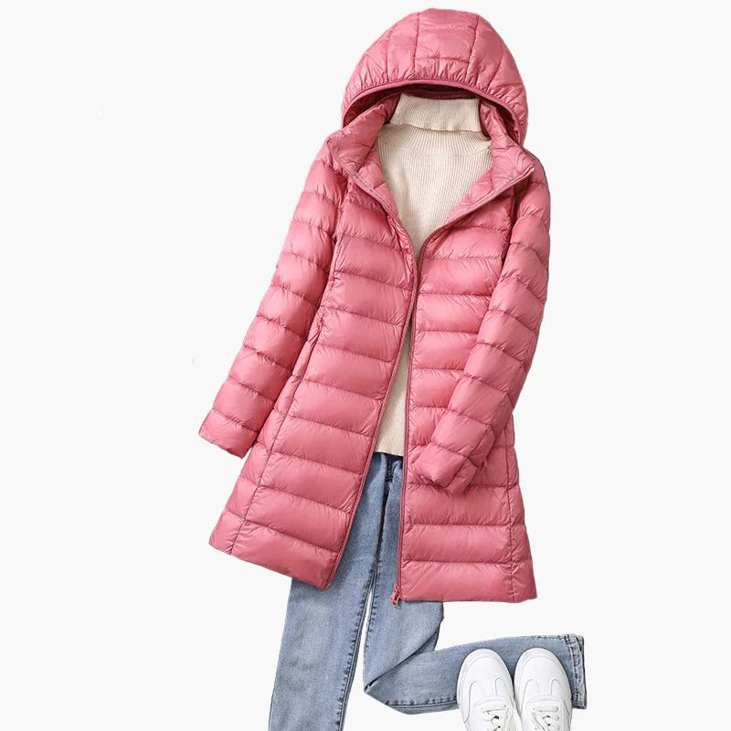 Damen Winter Steppmantel mit Kapuze – Stilvoller langer Outdoor-Puffer für Alltag und Freizeit