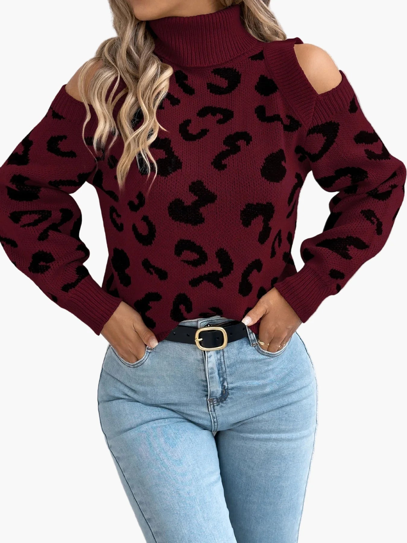 Damen Pullover mit Cut-Out Schultern und Leopardenmuster – Trendiger Freizeit-Strickpullover