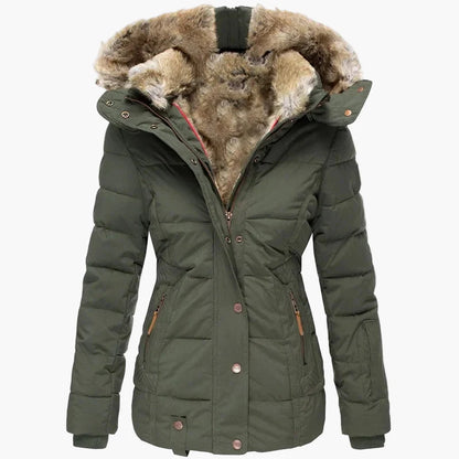 Damen Winter Steppjacke mit Kapuze und Kunstfell – Eleganter, taillierter Parka für kalte Tage