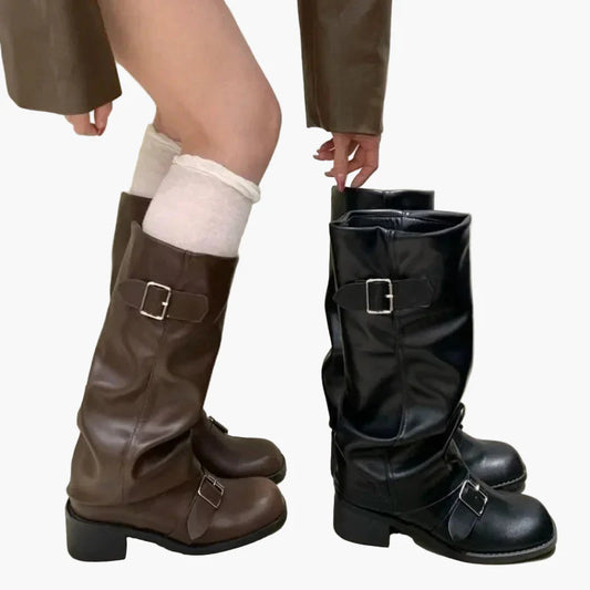 Damen Kniehohe Stiefel mit Schnallen – Modischer Urban-Style für Herbst und Winter