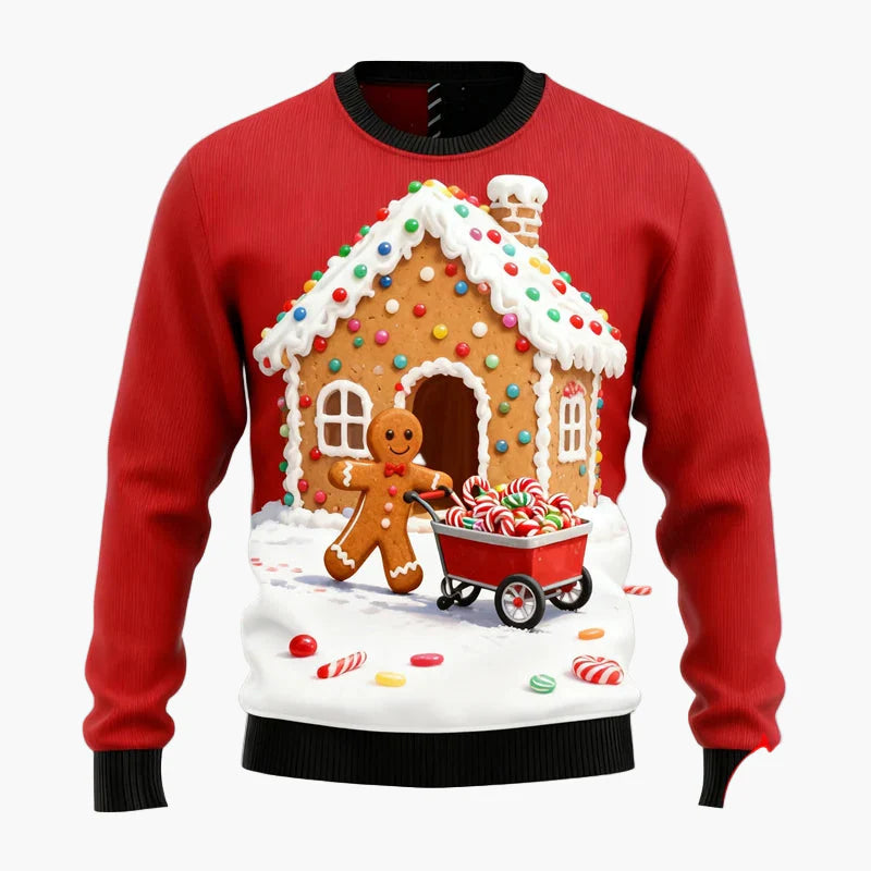 Herren Weihnachtspullover mit Lebkuchenmann, Lebkuchenhaus und Weihnachtsbaum – Lustiger Festlicher Ugly Christmas Sweater