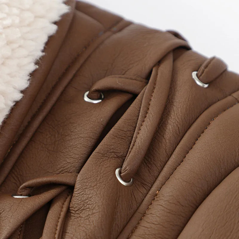 Damen Eleganter Kurzjacke mit Gürtel und Teddykragen für Herbst und Winter