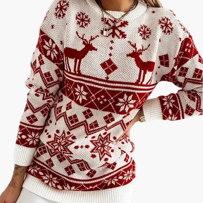 Damen Weihnachtspullover mit Rentier- und Schneeflocken-Muster - Modischer Freizeit-Strickpullover für die festliche Saison