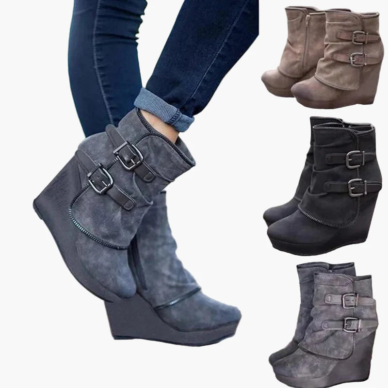 Damen Keilabsatz Stiefeletten mit Doppel-Schnalle für Herbst und Winter