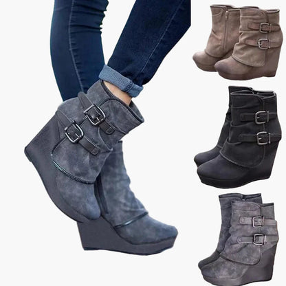Damen Keilabsatz Stiefeletten mit Doppel-Schnalle für Herbst und Winter