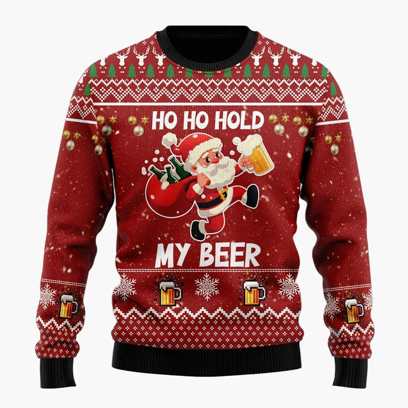 Herren Weihnachtspullover Lustig – Santa mit Bier, Ugly Christmas Sweater für Männer, Party & Festtage