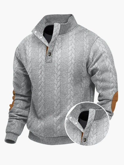 Herren Strickpullover mit Stehkragen, modischem Zopfmuster und Ellenbogen-Patches – Lässiger Outdoor-Sweater für Alltag und Freizeit