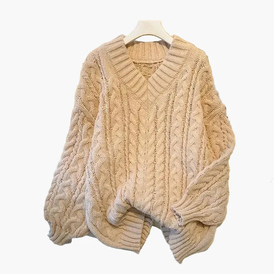 Damen Strickpullover im Oversize-Look mit V-Ausschnitt – Winter Freizeitmode, Zopfmuster, lässig