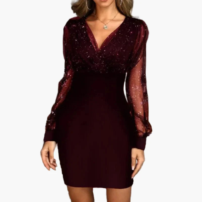 Damen Elegantes Partykleid mit Glitzer und Transparenten Ärmeln – Perfekt für Abendveranstaltungen