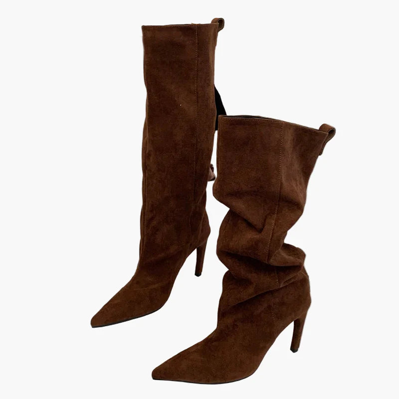 Damen Stiefel mit hohem Absatz und spitzer Zehenpartie für Herbst und Winter – Modische Slouchy Boots