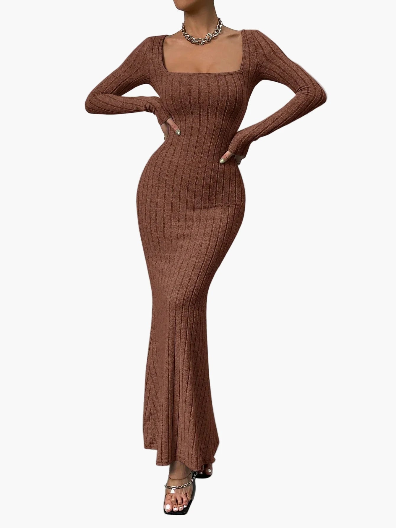 Damen Strick Maxikleid mit langen Ärmeln und eckigem Ausschnitt – Elegantes Freizeitkleid für Herbst und Winter