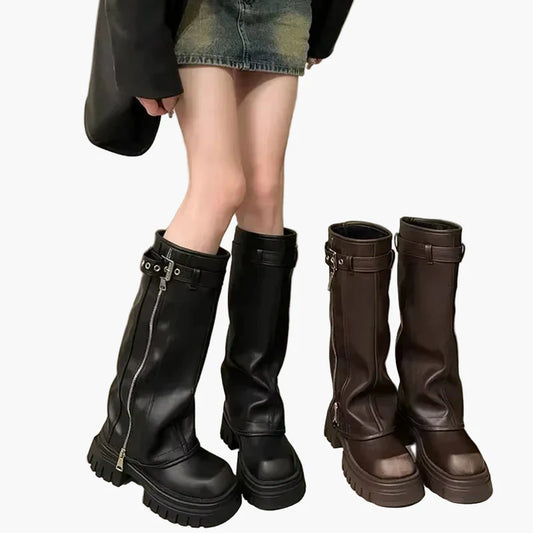 Damen Plateau-Stiefel mit Reißverschluss und Schnalle – Trendige Chunky Boots für Herbst und Winter
