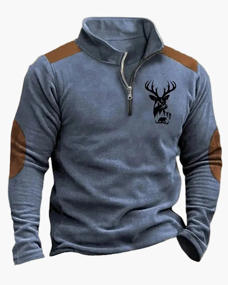 Herren Outdoor Sweatshirt mit Hirsch-Print und Reißverschluss – Freizeit & Jagd Pullover