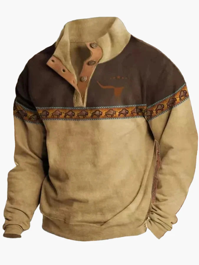 Herren Vintage Western Pullover mit Ethno-Muster und Stehkragen – Freizeitmode für Herbst und Winter