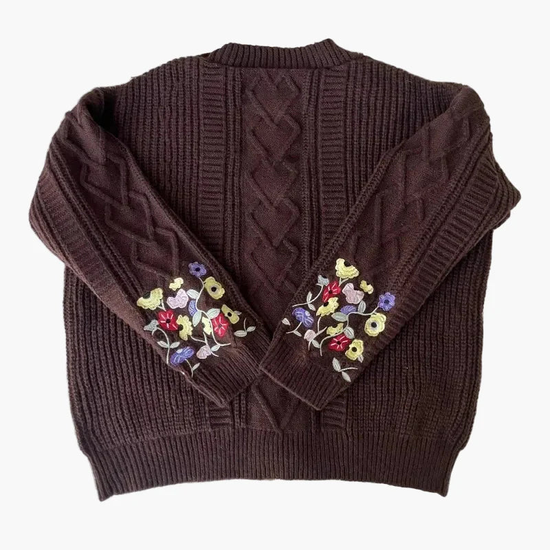Damen Strickjacke mit Blumenstickerei und Vintage-Charme – Herbst/Winter Cardigan für Freizeit