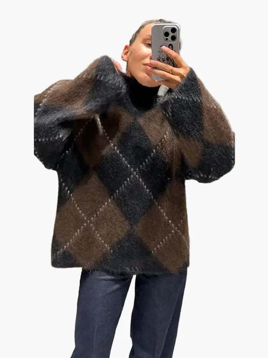 Damen Oversize Pullover im Karo-Design für stilvolle Herbst- und Winterlooks
