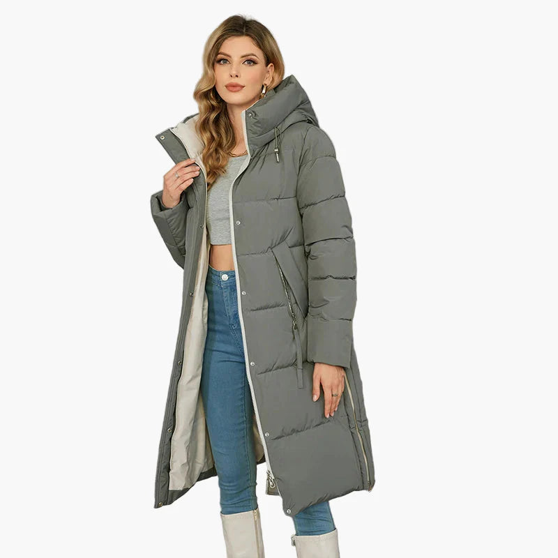 Damen Winter Steppmantel mit Kapuze – Langer, modischer Outdoor-Mantel für kalte Tage