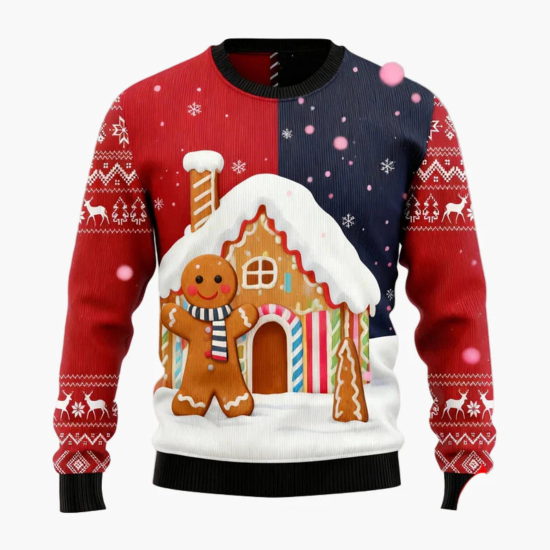 Herren Weihnachtspullover mit Lebkuchenmann, Lebkuchenhaus und Weihnachtsbaum – Lustiger Festlicher Ugly Christmas Sweater